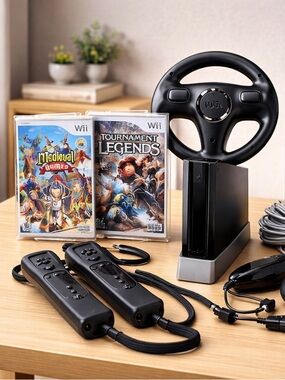 Nintendo Wii Black Console RVL-101 Bundle W/ 2 Games Controller, Sensor Cords